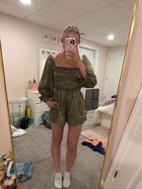 Free People Olive Green Smocked Long Sleeve Romper